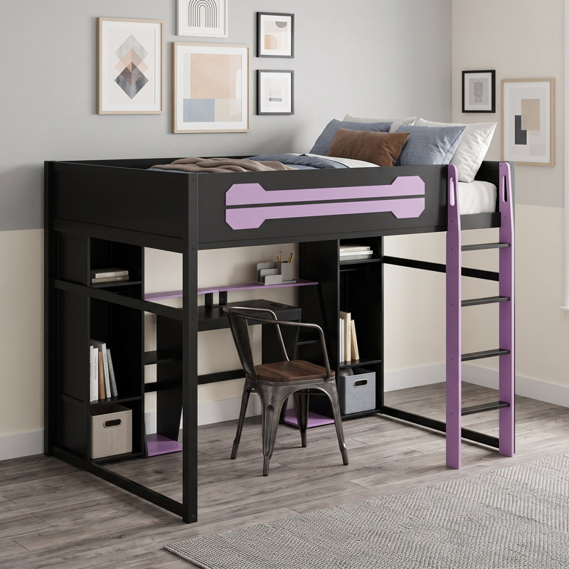 Lit mezzanine double en bois avec bureau, garde-robe, lumière DEL et station de charge, Purple