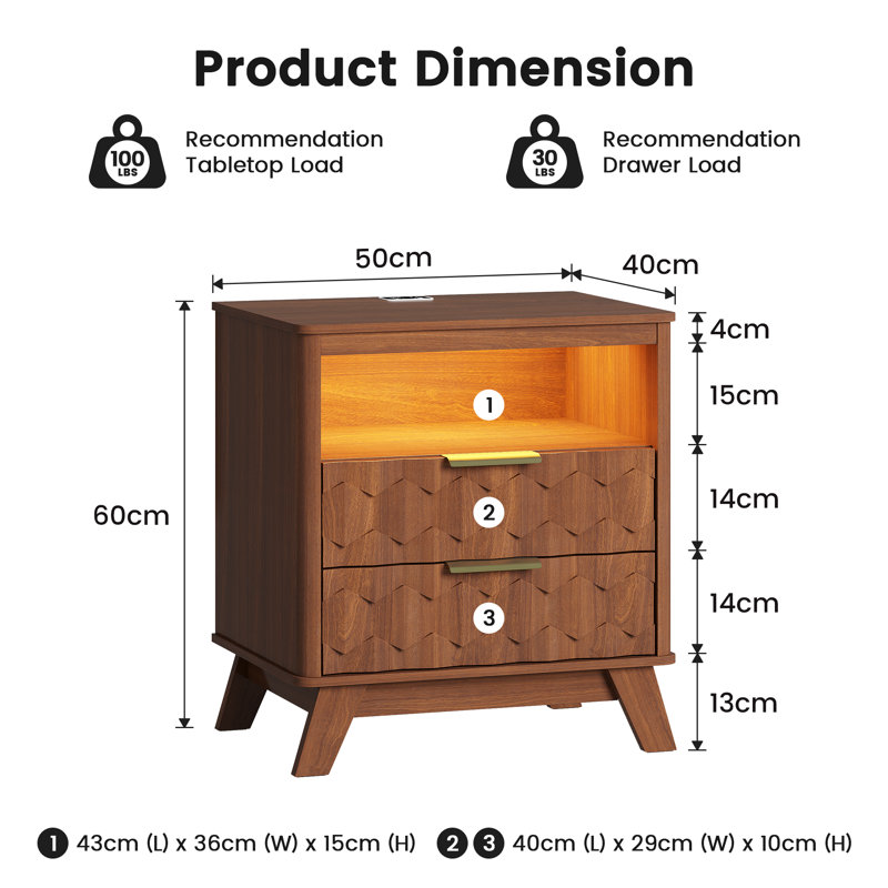 50cm W Manufactured Wood Bedside Table, Brown