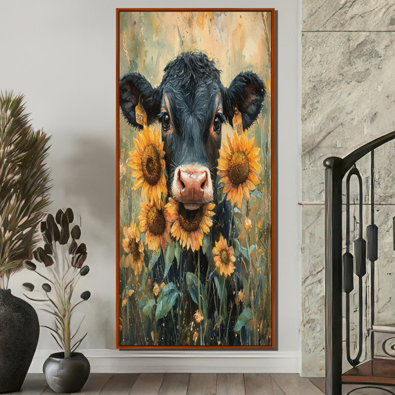 «Donzel Cow», peinture avec pivoines IV - vache, art mural, H 60 po x l 28 po, Reproduction avec cadre flottant, Brun