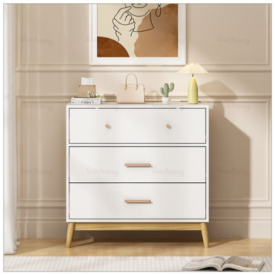 Nordic Style 3-Drawer Storage Cabinet with Rose Gold Handles, Solid Wood Base, and Spacious Drawers for Small Space Organization