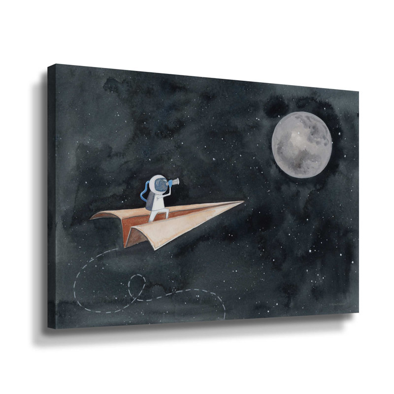Avion en papier vers la lune - Reproduction d'art graphique sur toile, H 24 po x l 32 po x P 2 po, Toile tendue