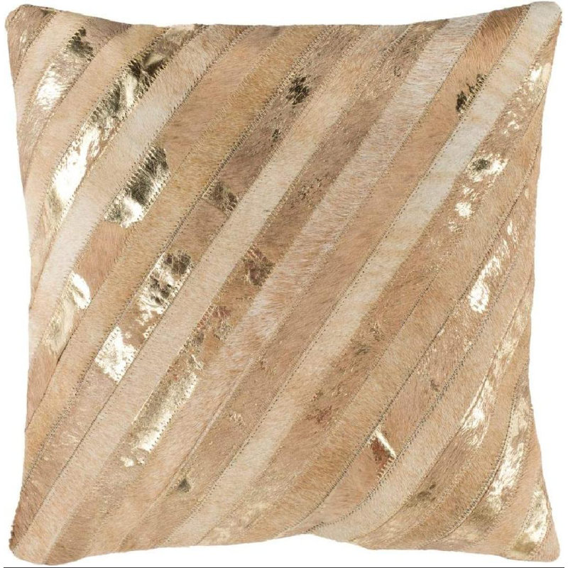Beige and Gold Striped Cowhide Throw Pillow 20" x 20"