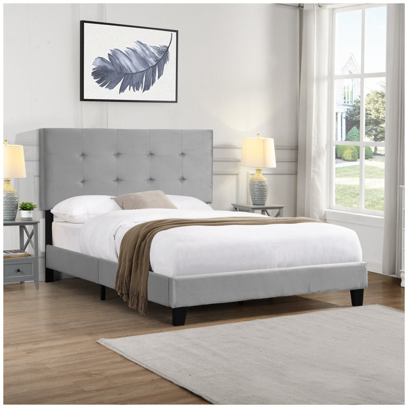 Full Size Gray Velvet Upholstered Platform Bed Frame with Pull-Point Tufted Headboard