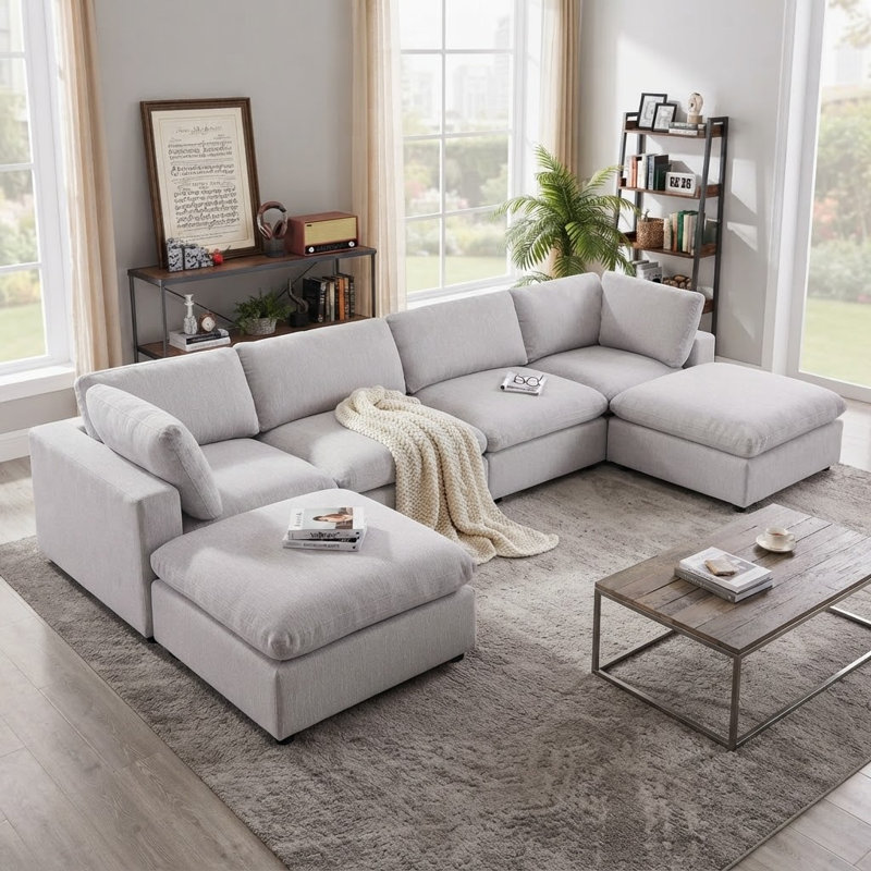 Canapé modulaire rembourré avec repose-pieds 6 pièces Zantos, Gris clair