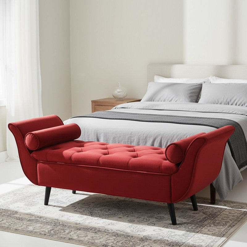 Velvet Upholstered Storage Bench, Red