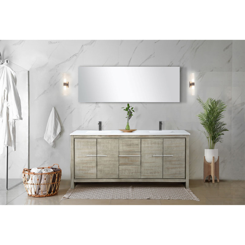 Meuble-lavabo double 72 po Rustic X P 20 po D, dessus en quartz blanc et robinet en métal