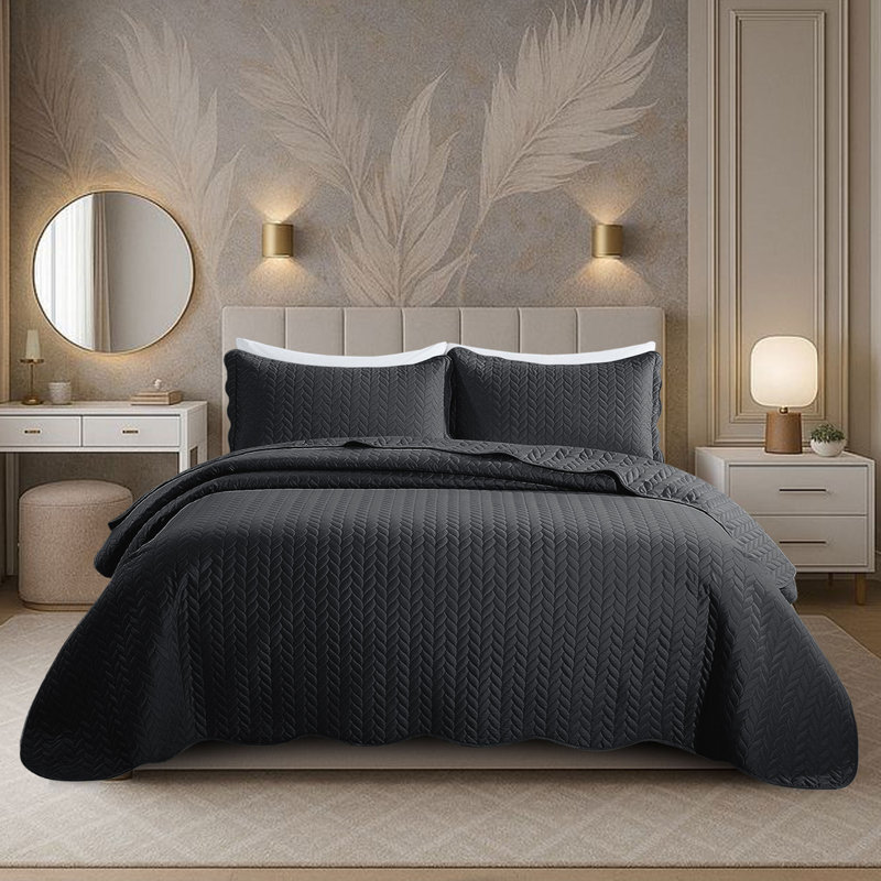 Ensemble de couvre-lit matelassé en microfibre embossée, Charcoal, Full Comforter + 2 Standard Shams