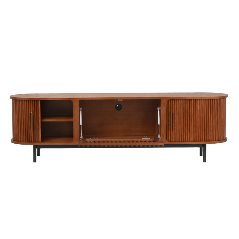 Meuble télé moderne en bois massif avec design Mid-Century, portes à lattes et rangement fonctionnel
