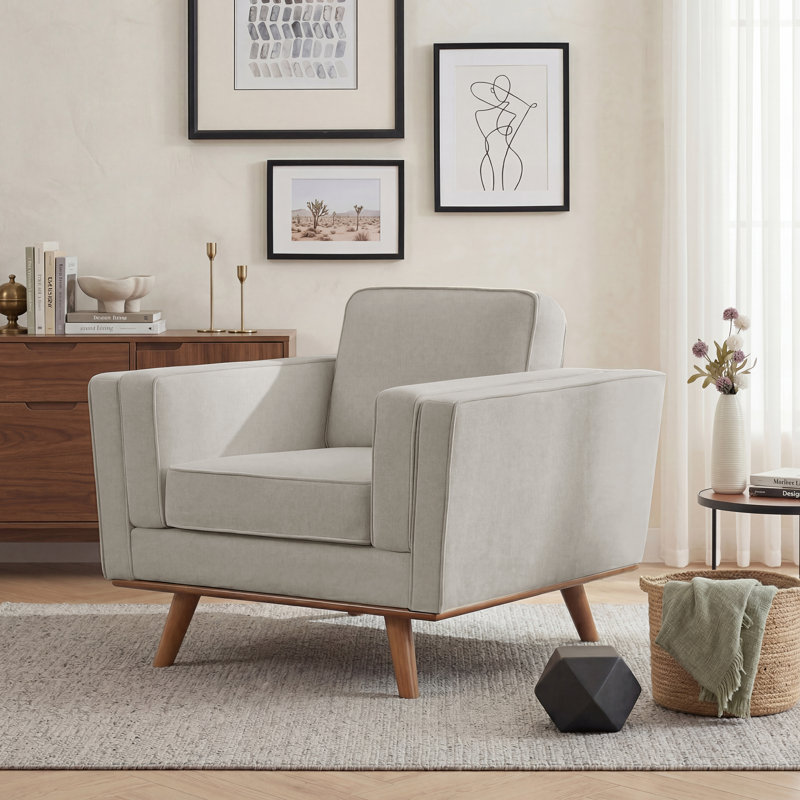 Chenille Armchair With Solid Wood Legs, Khaki