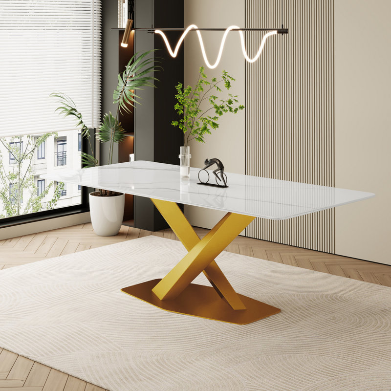 Luxurious Modern Dining Table, Dining Table Sintered Stone Tabletop With Carbon Steel Base Pre-assembly