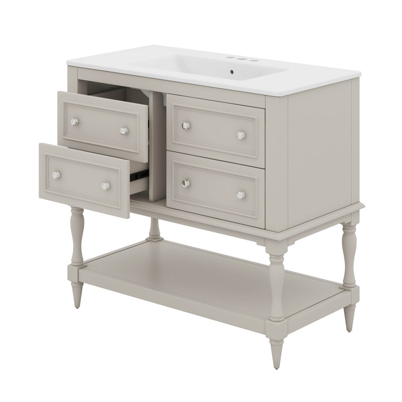 Meuble-lavabo 36 po avec lavabo simple, 4 tiroirs et tablette ouverte 36 po, Beige