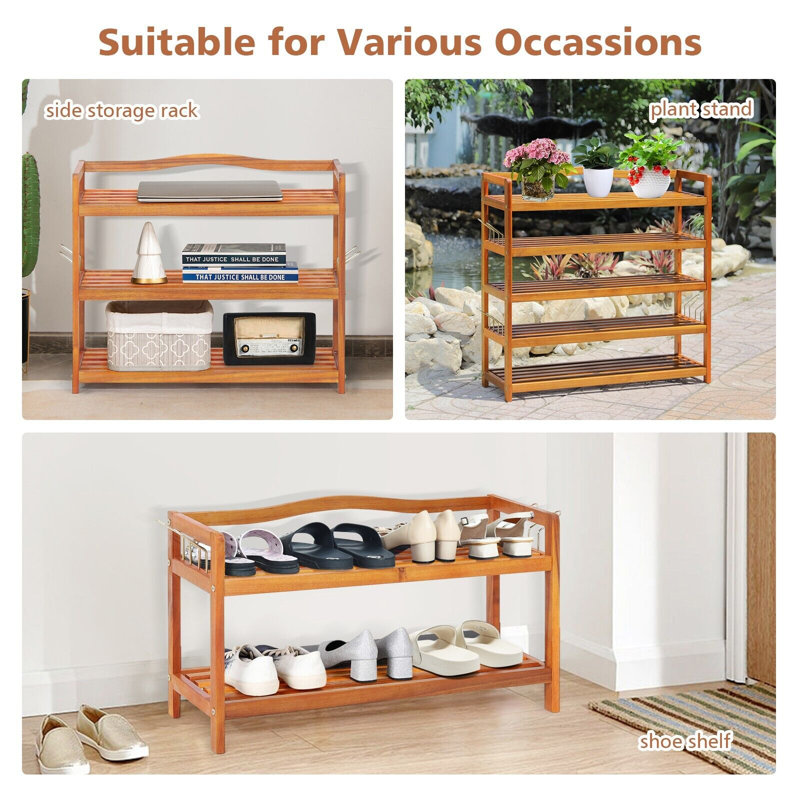 2-Tier Wood Shoe Rack Solid Shoe Storage Shelf Organizing Unit W/ Side Hooks