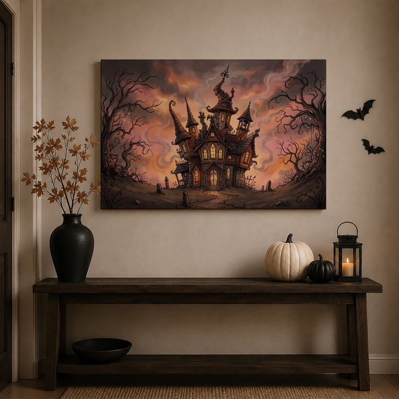 Manoir gothique hanté sous une toile murale rose et orange d'Halloween, H 28 po x l 40 po