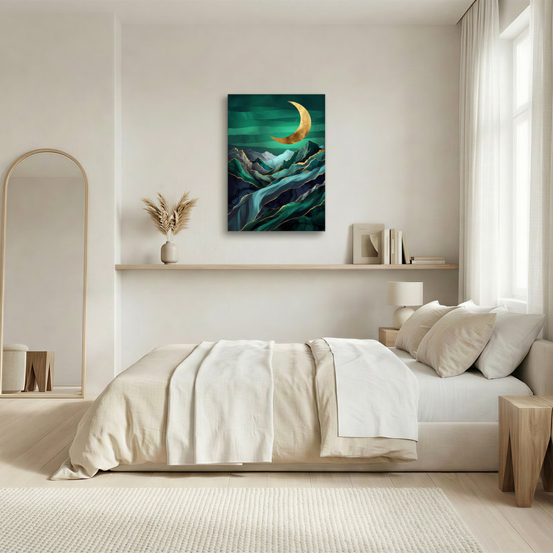 Art mural sur toile Gold Crescent Moon Over Teal, 18"H x 12"W