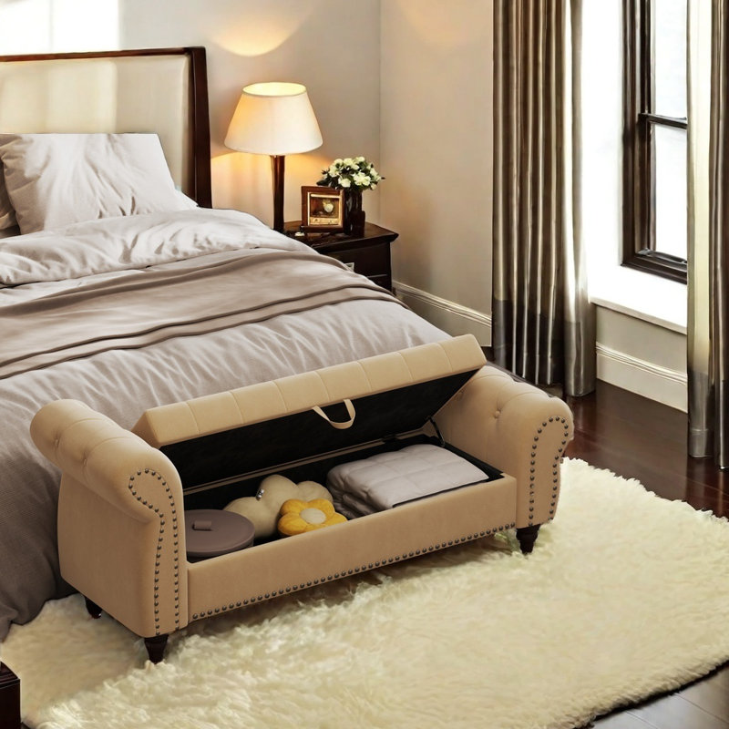 64.5" Bed Bench For Bed Room Nails Tufted Chaise Of Lounge With Storage Velvet Upholstery, Khaki