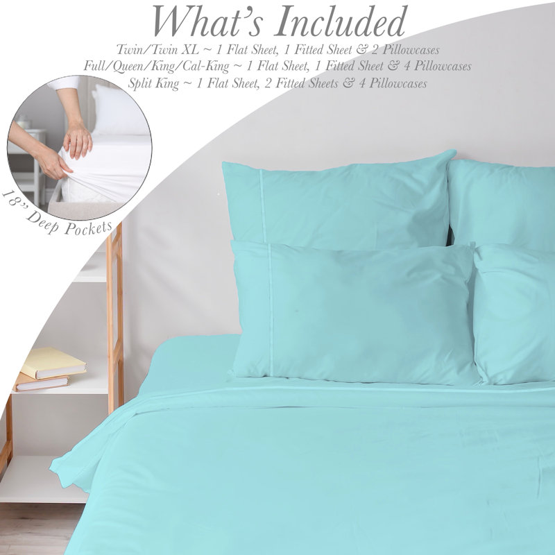 6 Piece Ultra Soft Double Brushed Microfiber Sheet Set, Cooling Sheets with Extra Deep Pockets - Machine Washable, Aqua