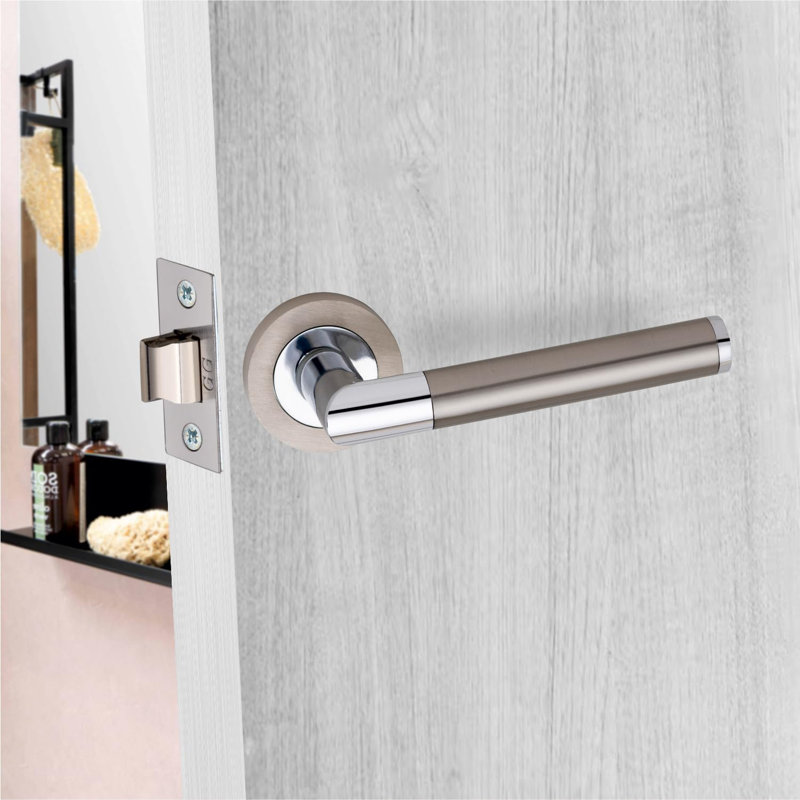 Golden Grace Mitred Design Door Handles Set on Round Rose in Satin Nickel Polished Chrome Finish with 64mm 3 Lever Mortise Lock and Key Hole