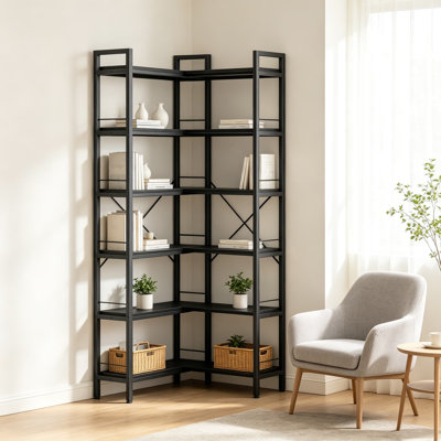 Bibliothèque d'angle en forme de L, bibliothèque convertible en bois et métal avec étagères ouvertes, pieds réglables, étagère rustique pour salon, chambre et bureau à domicile