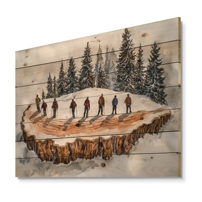Hiking Group In A Winter Landscape II - Hiking Wood Wall Decor - On Natural Pine Wood