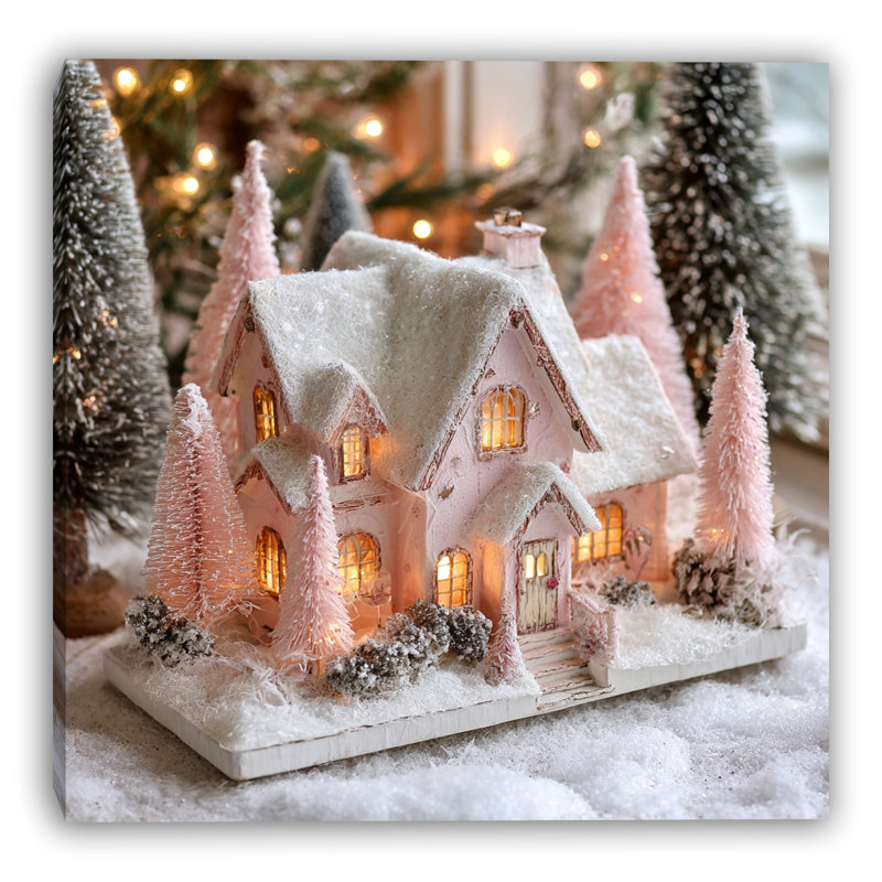 «Pink Winter Cottage IV», art mural sur toile tendue, H 20 po x l 20 po