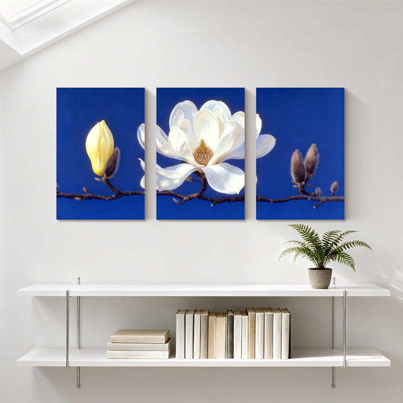 Magnolia Magnolia Bloom sur fond bleu, ensemble de 3 impressions sur toile, H 36 po x l 72 po