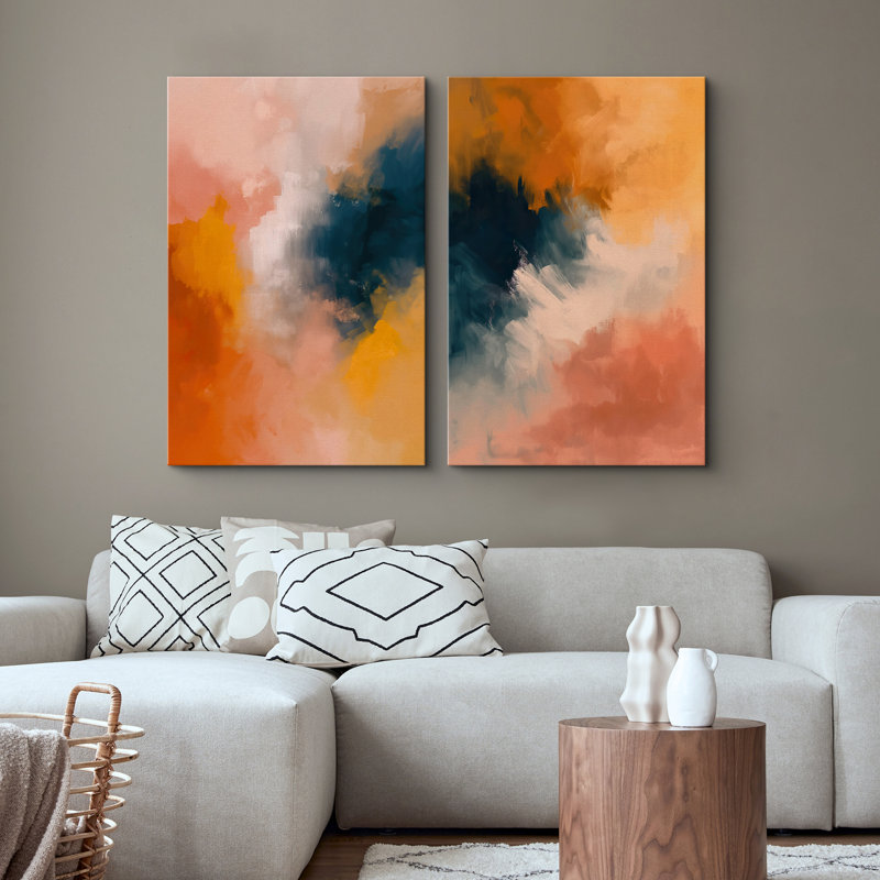 Orange, jaune, bleu marine, peinture abstraite moderne, coups de peinture encadrés, images de salon, Toile tendue