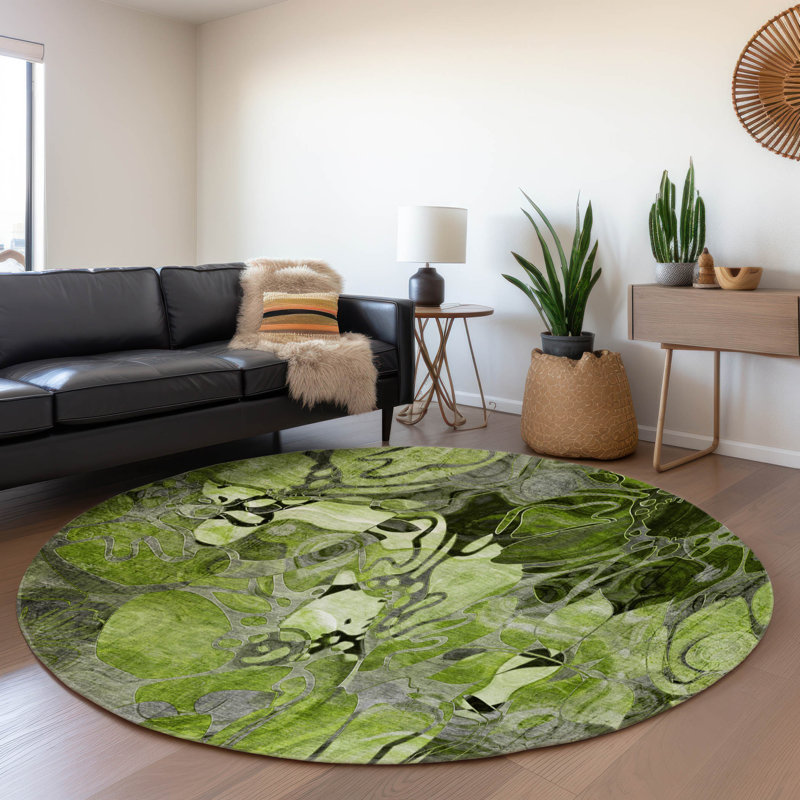 Premium Machine Washable Cerrito AMF558 Fern Rug, Round 8'