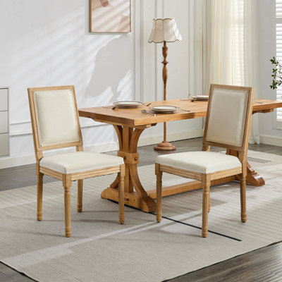Of 2 French Dining Chairs With Exquisite Solid Wood Frame, Backing, Comfortable Beige Linen Upholstery, Foam & Steel Spring Filler For And Kitchen Spaces, Sw1879bg Two Decor Square Back, , Rubberwood
