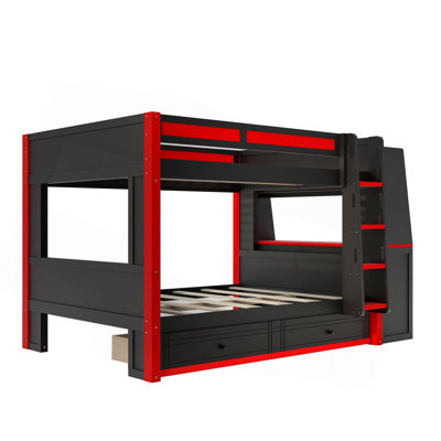 Lit superposé double pleine grandeur avec lumière DEL, bureau et bibliothèques, gigogne, rouge et noir