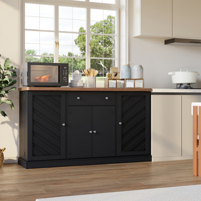 Kitchen Sideboard with Outlets, 55" Coffee Bar Station with Hidden Door Shelves & Drawer, Wood Top Buffet Cabinet for Dining Room