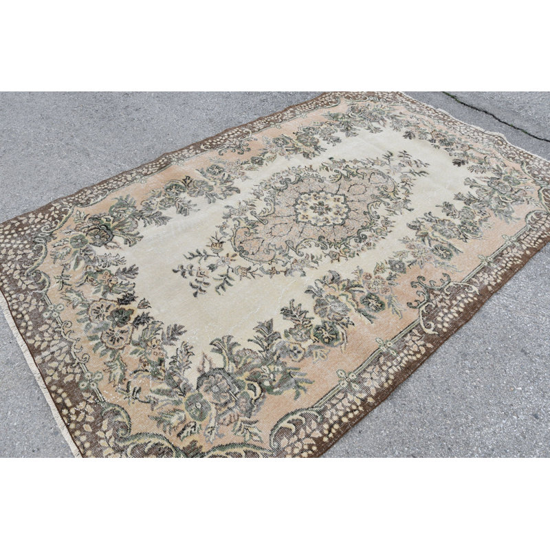 Tapis turc vintage en laine Oushak: grand tapis de salon bohémien classique en brun / brun / vert
