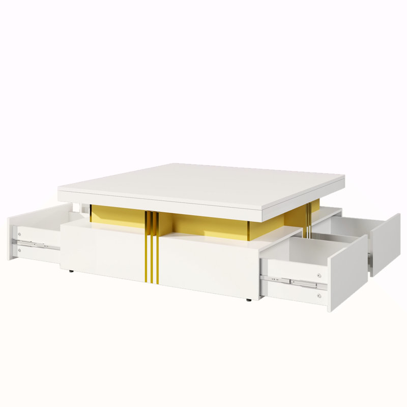 Table basse moderne carrée avec rangement à 4 tiroirs, Blanc lustré