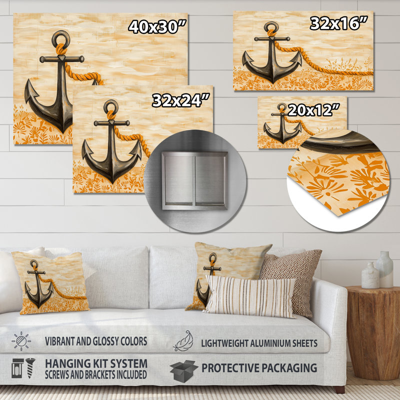 Ancre et corde - décoration murale bord de mer en métal, impression métallique nautique, H 12 po x l 20 po