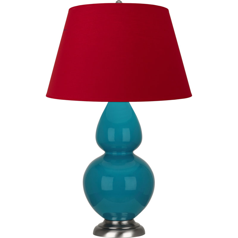 Lampe de table double gourde en céramique, Paon verni / argent antique, Blanc cassé, Argent argent