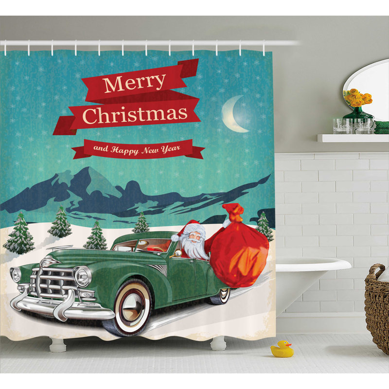 Rideau de douche et crochets de noël pour le père noël dans un voiture classique, H 75 po x l 69 po