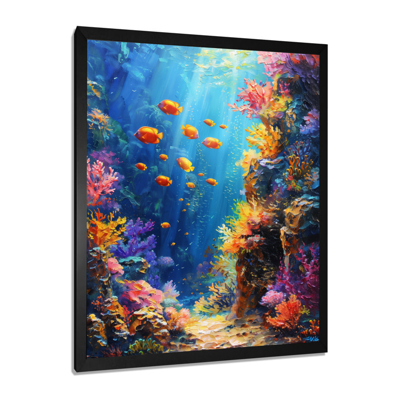 «Blue Orange Coral Marine Life II», impression d'art mural corail, H 12 po x l 20 po, Cadre simple noir, bois massif