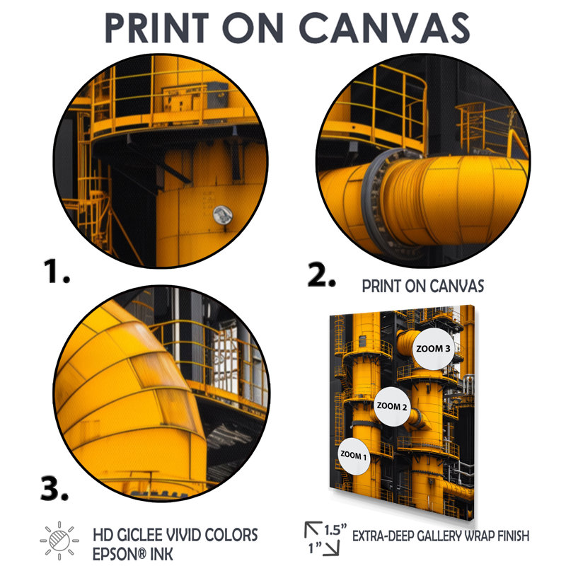 Reproduction d'art mural monochrome jaune gris industriel - usines, Toile encadrée noire simple, H 20 po x l 12 po x P 1 po