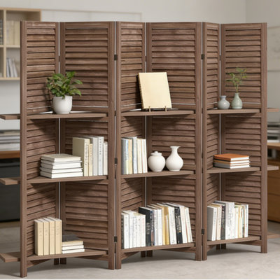 Paravent à 5 panneaux, cloison d'intimité en bois de paulownia massif avec tablettes, grand mur autoportant pour le bureau à domicile et le salon