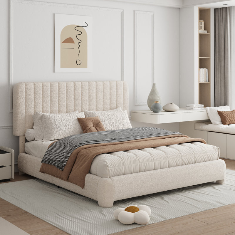 Structure de lit tapissier avec tête de lit réglable Haden, Beige, Grand
