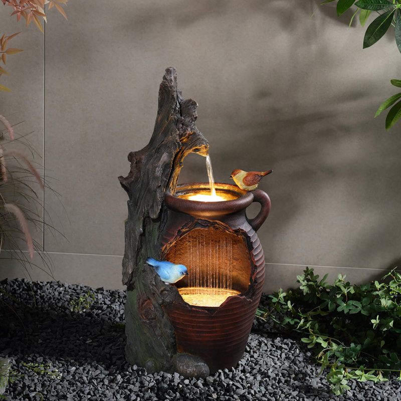 29.7'' H Rustic Polyresin Outdoor Water Fountain with LED Lights, Tree Trunk & Jar Waterfall Fountain with Adjustable Flow