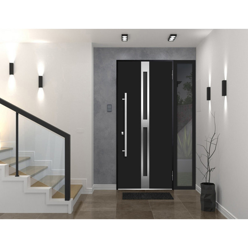 Porte avant en acier pré-suspendue à l'avant / deux portes en émail noir 1755 / fenêtre extérieure latérale / inserts en acier inoxydable simple peint moderne - l 36 po x H 80 po - Gauche