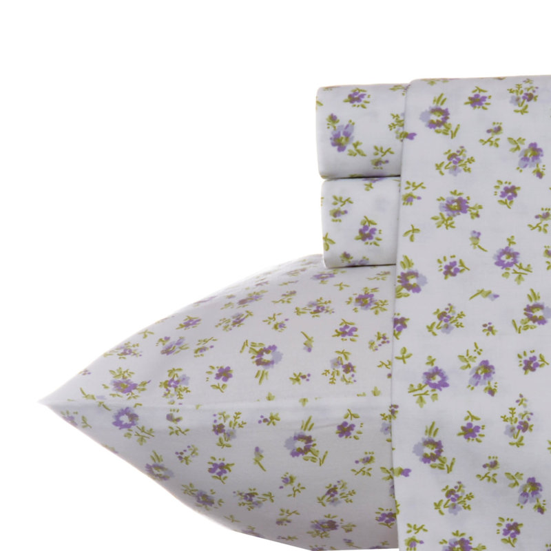 Blue Floral Print Cotton Queen Sheet Set