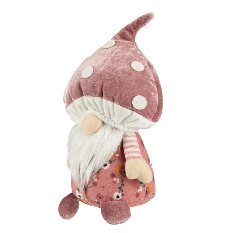 Pink Floral Mushroom Gnome Figurine with White Beard