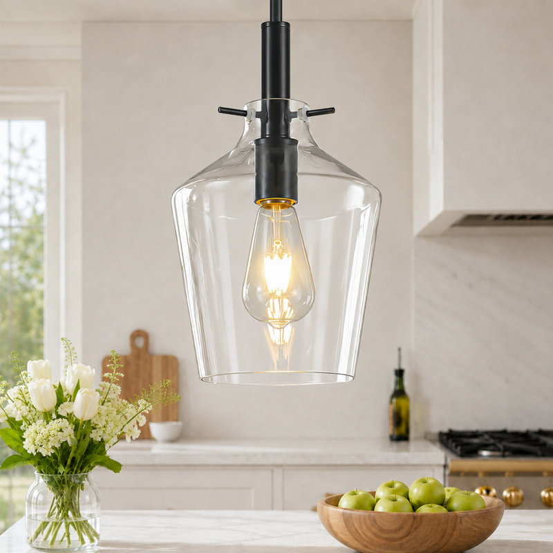 Suspension Alejo 7,87'' à 1 lumière en verre clair pour îlot de cuisine, Noir