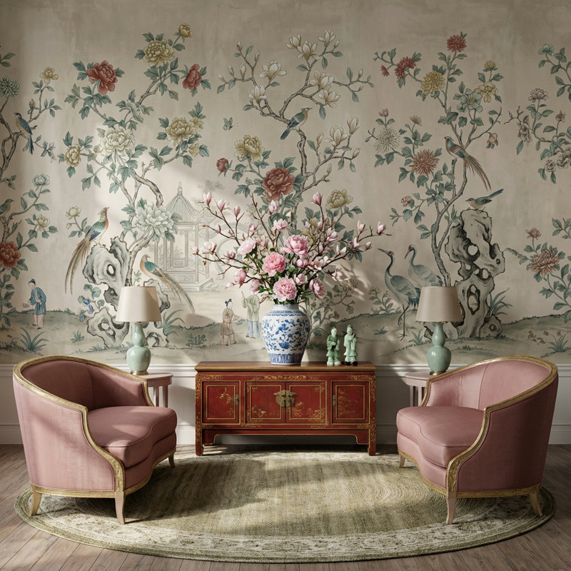Papier peint floral, oiseaux, décoration murale traditionnelle amovible, Non-Woven Nonpasted, 140"x108"
