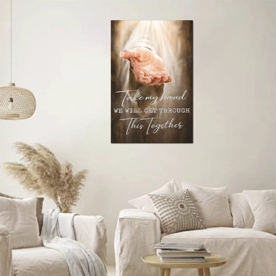 Religious Quote Jesus Reaching Hand Wood Grain Finish Canvas Wall Art for Living Room