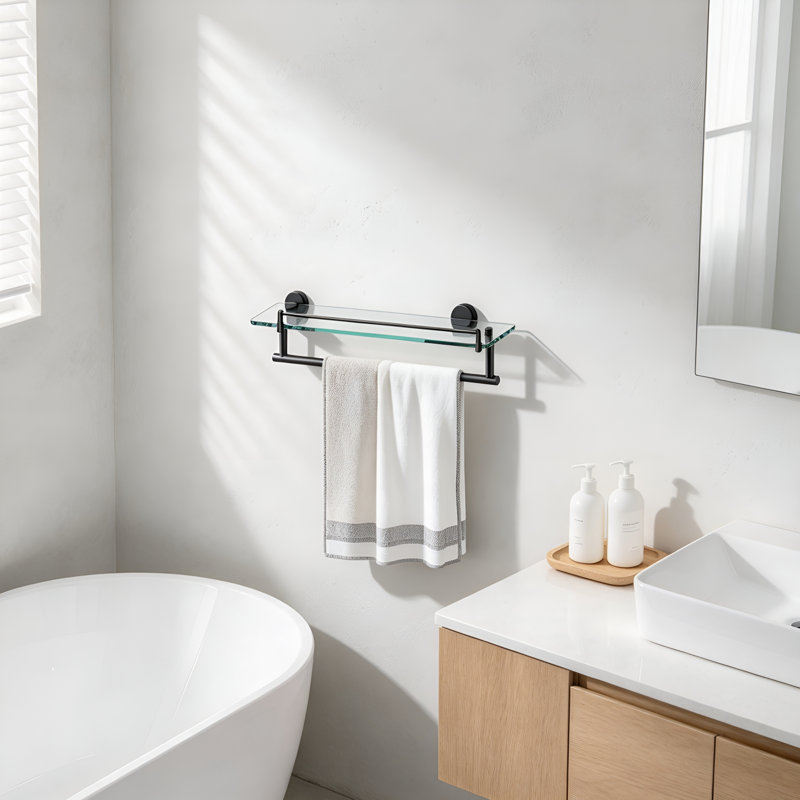 Wall Mounted Floating Tempered Glass Bathroom Shelf with SUS304 Stainless Steel Towel Bar, Space Saving Shower Organizer
