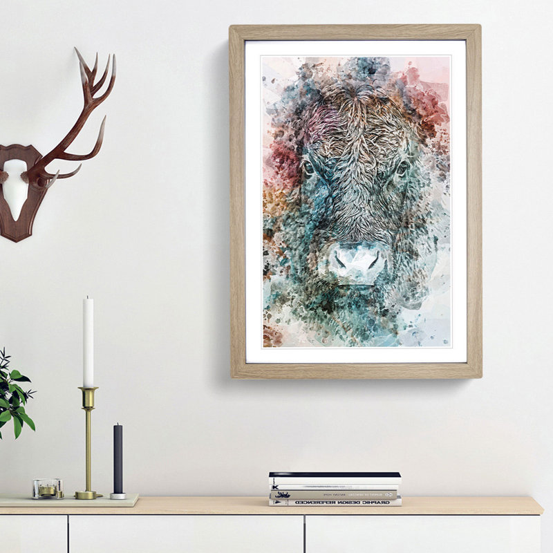 Colourful Bull Cow in Abstract - Picture Frame Graphic Art Print, 48cm H x 36cm W x 2cm D, Oak Framed