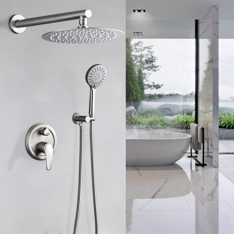 10 Inches Wall Mounted Shower With High Pressure Rain Shower Head And 5-Function Handheld Shower Head, Brushed Nickel