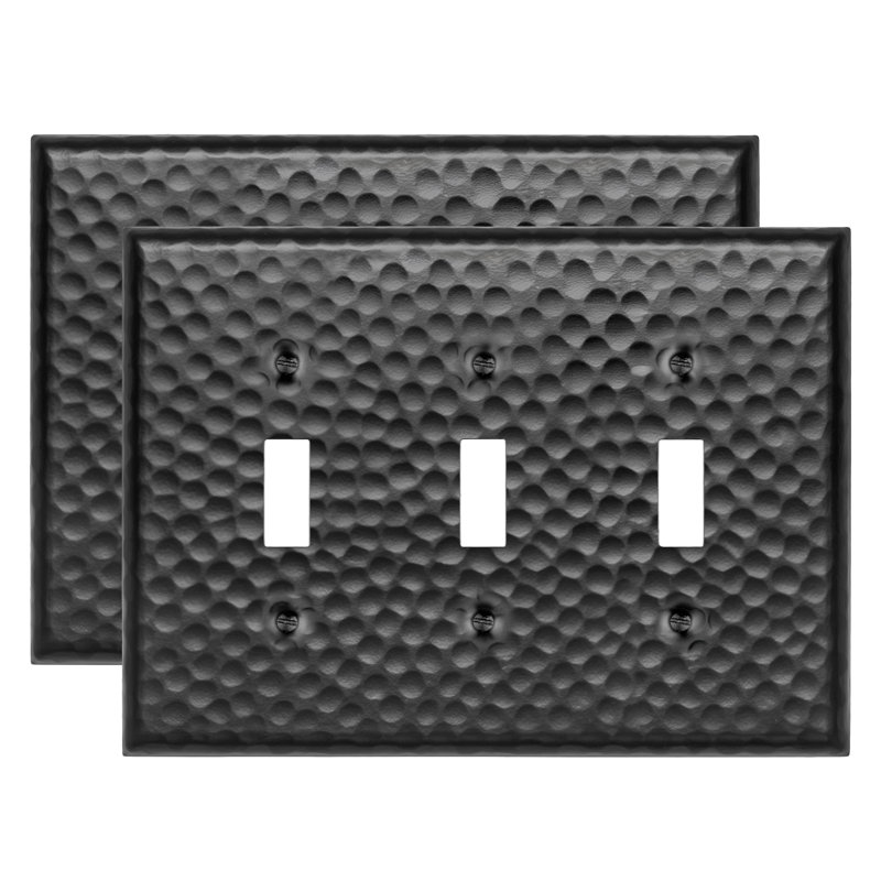 Hand Hammered 3-Gang Toggle Light Switch Wall Plate (Set of 2), Matte Black, 2